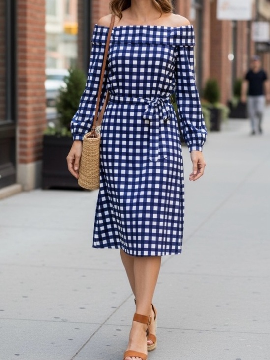 Banana Republic Dresses & Skirts - Banana Republic Navy and White Off-Shoulder Gingham Belted Dress Size M Tall